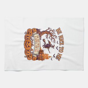 Be Nice Me Halloween Witch Broom Pumpkins_1 Kitchen Towel