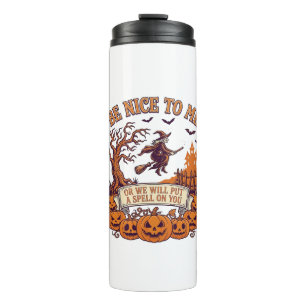 Be Nice Me Halloween Witch Broom Pumpkins_1 Thermal Tumbler