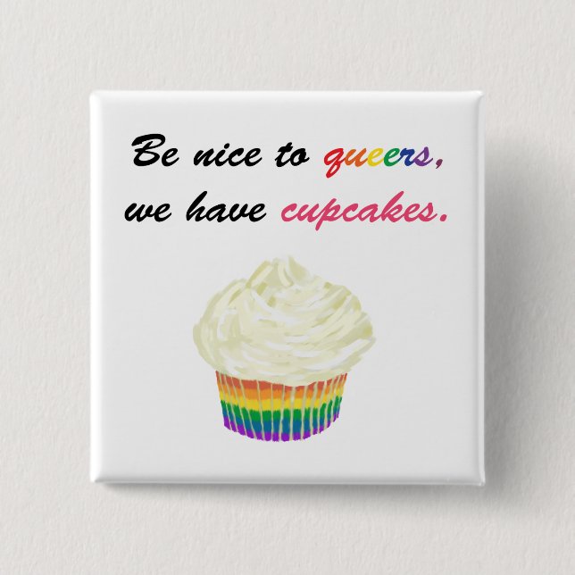 Be nice to queers, we have cupcakes 2 inch square button (Front)