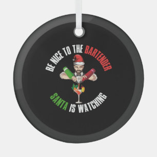 Be Nice To The Bartender Funny Santa Claus Gift Glass Ornament