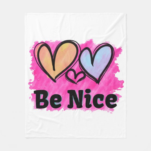 Be Nice Watercolor Hearts Fleece Blanket (Front)
