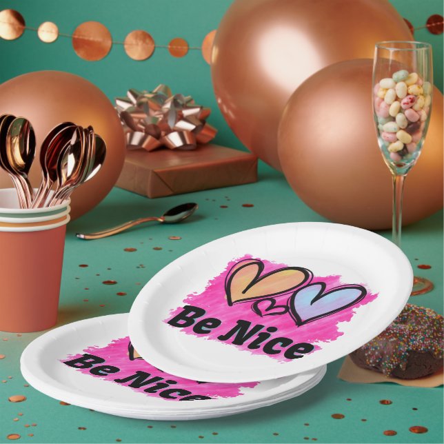 Be Nice Watercolor Hearts Paper Plate (Multi)