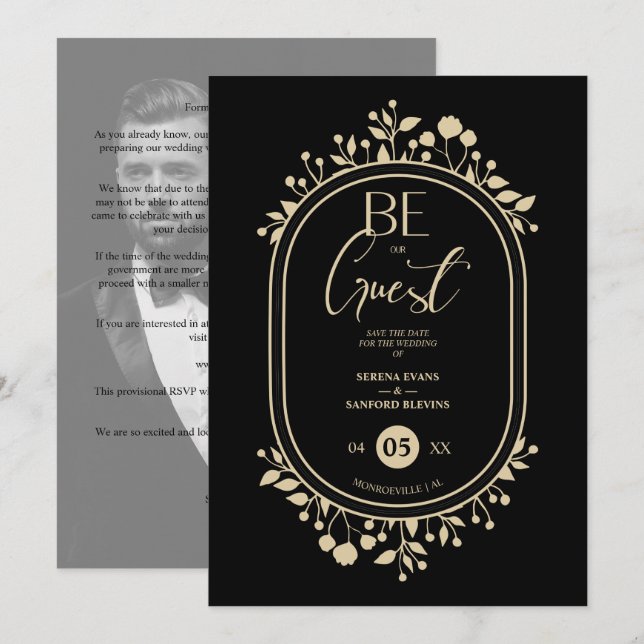 Be our Guest Black Wedding Fancy Frame Branches Save The Date (Front/Back)
