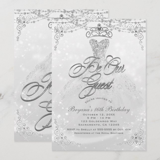 Be Our Guest Princess White Silver Sweet 16 Party Invitation (Front/Back)