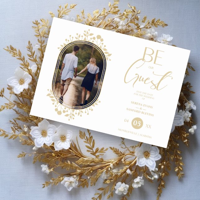 Be our Guest White Wedding Chic Floral Frame Photo Save The Date (Be our Guest White Wedding Fancy Frame Flowers Photo Save the Date with Envelope.)
