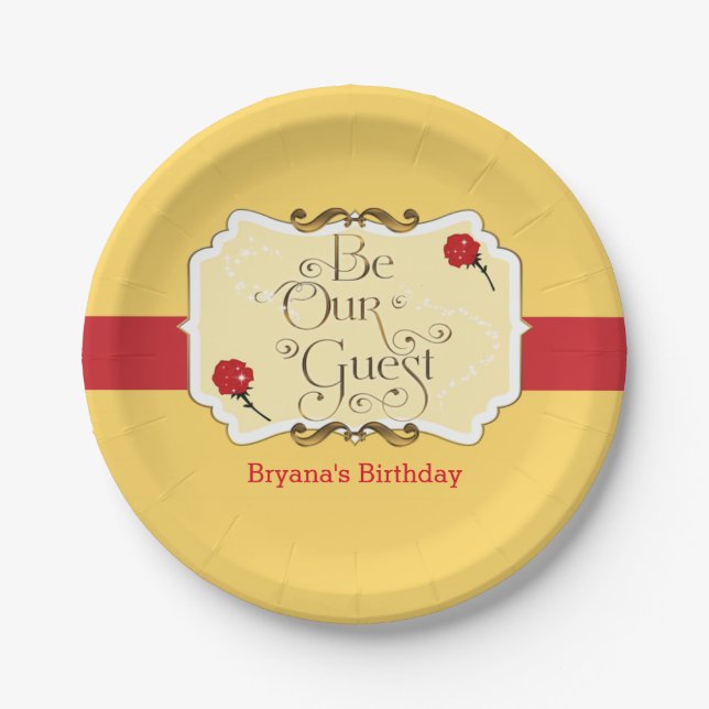 Be Our Guest Yellow & Red Rose Princess Party Paper Plate (Front)