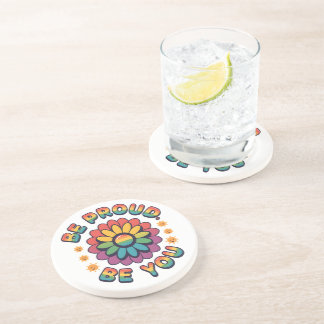 Be Proud Be You – Retro Rainbow Flower Pride Quote Coaster
