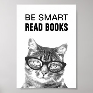 Be smart read books poster with funny cat photo