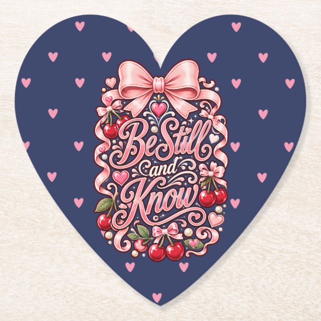 Be Still and Know Coquette Christian Cherry Bow Paper Coaster (Front)
