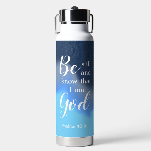 Be Still And Know | Modern Blue Swirl Personalized Water Bottle (Front)