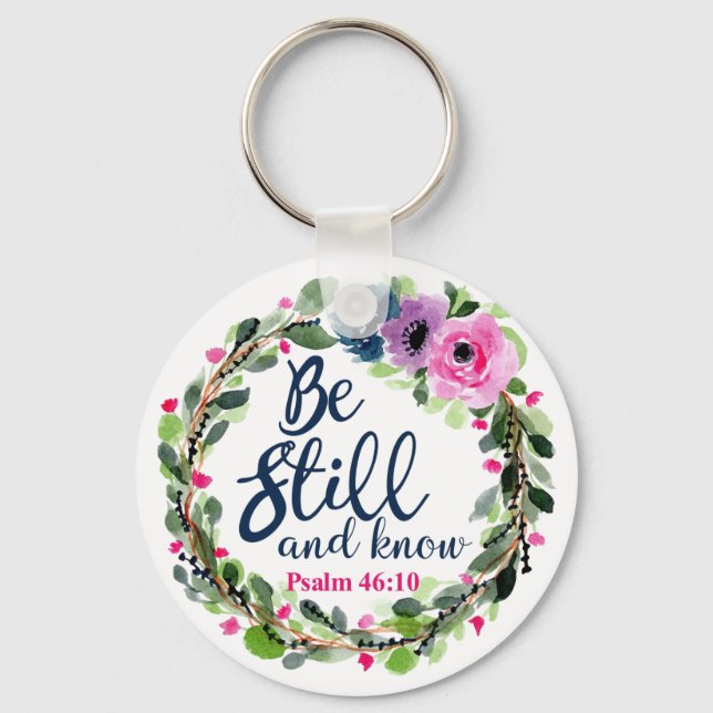 Be Still And Know Pink Floral Bible Verse Keychain (Front)