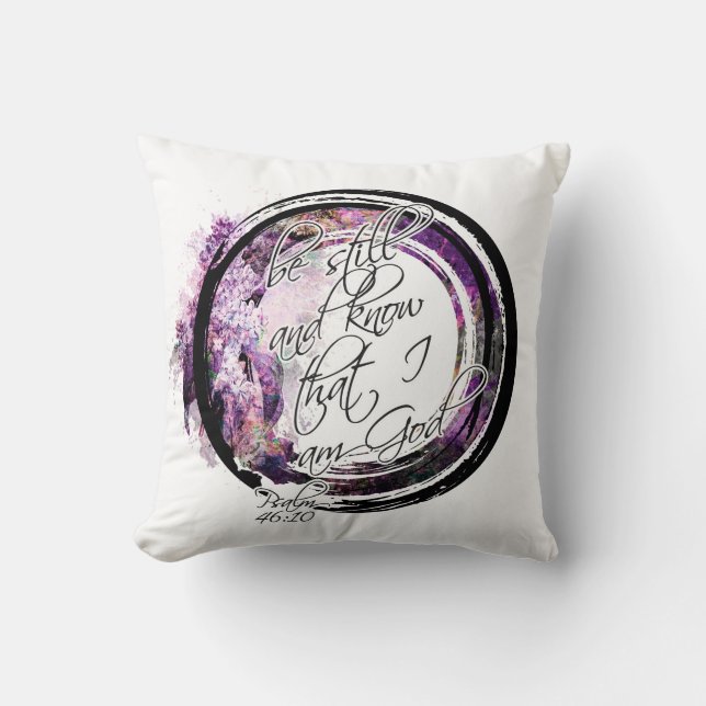 Be Still Scripture Lavender Floral Wreath Throw Pillow (Front)
