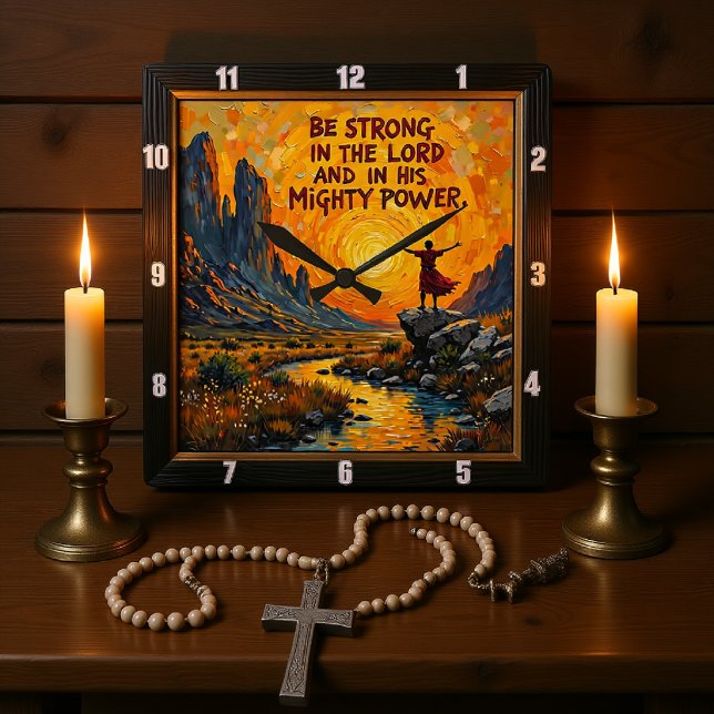 Be Strong in the Lord: Ephesians 6:10 Mountain Vis Square Wall Clock (Creator Uploaded)