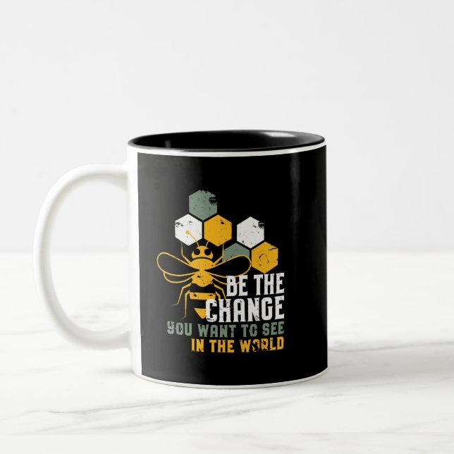 Be The Change Funny Bee Puns for Beekeeper Two-Tone Coffee Mug (Left)