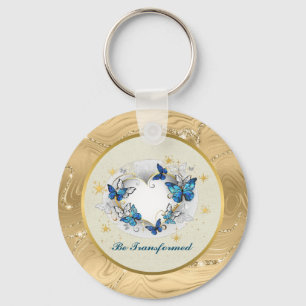 Be Transformed Quote Heart and Blue Butterflies Keychain