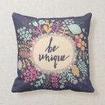 Be Unique Throw Pillow<br><div class="desc">Be unique. Inspirational and motivational background. Bright floral card with cute cartoon leafs in vector | Bigstock® - All Rights Reserved.</div>