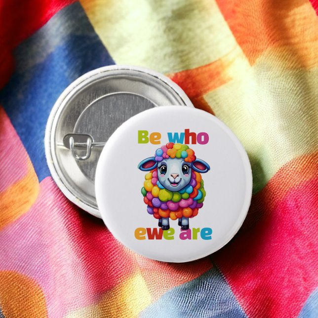 Be who ewe are Rainbow Sheep 1 Inch Round Button (Be who ewe are Rainbow Sheep Buttons from Ricaso. A cute sheep be who you are LGBT gay pride pin)