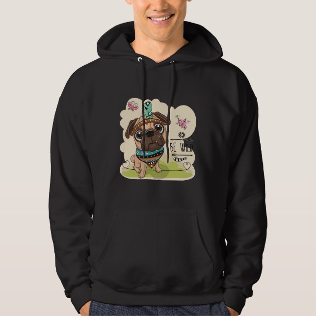 Be Wild Cute tribal Pug Dog with feathers Classic  Hoodie (Front)