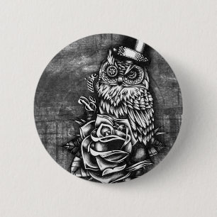 Be wise tattoo style owl artwork. 2 inch round button