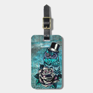 Be Wise tattoo style owl on digital Teal wood base Luggage Tag