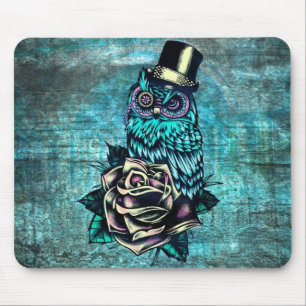 Be Wise tattoo style owl on digital Teal wood base Mouse Pad