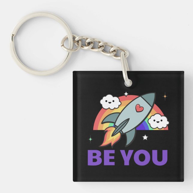 Be you. Rainbow rocket cloud with heart   Keychain (Front)