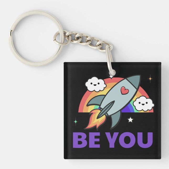 Be you. Rainbow rocket cloud with heart   Keychain (Front)