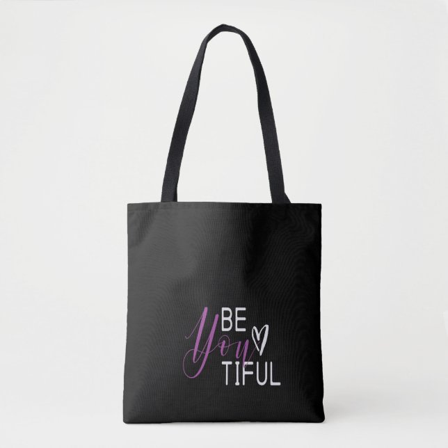 Be You Tiful Minimalist Typography Beautiful Black Tote Bag (Front)