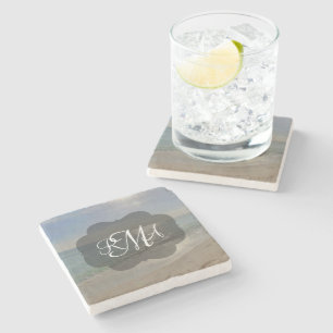 Beach 3-Letter Monogram Initials Ocean Stone Coaster