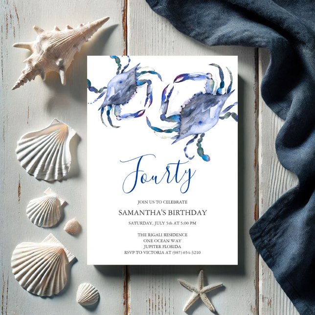 Beach 40th Birthday  Invitations Crab Boil (40th birthday invitations watercolor blue crab art by Victoria Grigaliunas of Do Tell A Belle)