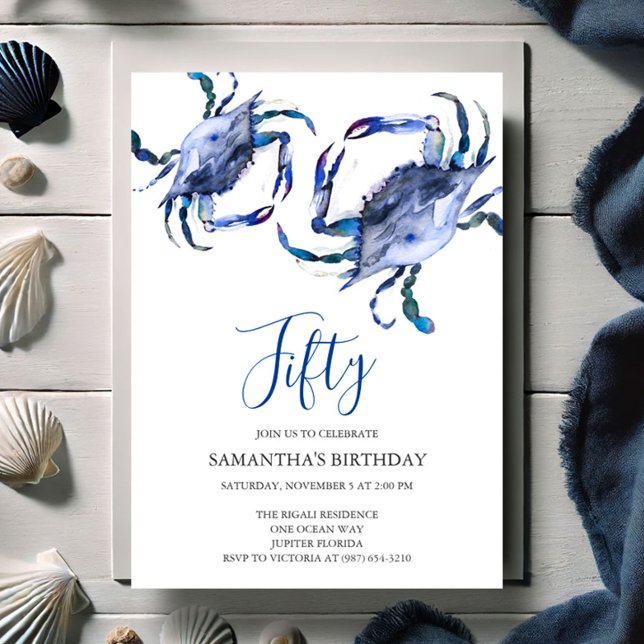 Beach 50th Birthday  Invitations Crab Boil (50th Birthday invitations blue watercolor crab art by Victoria Grigaliunas of Do Tell A Belle)