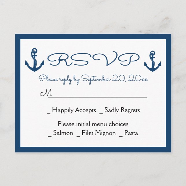 Beach Anchor Beach Navy Blue Nautical Wedding RSVP Invitation Postcard (Front)