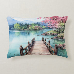 Beach and Lake Watercolor Background Paint Design Accent Pillow