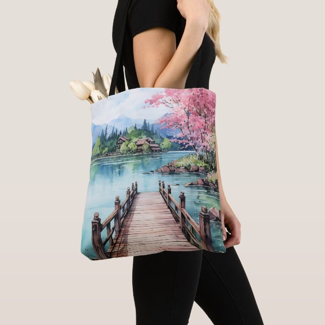 Beach and Lake Watercolor Background Paint Design Tote Bag (Close Up)