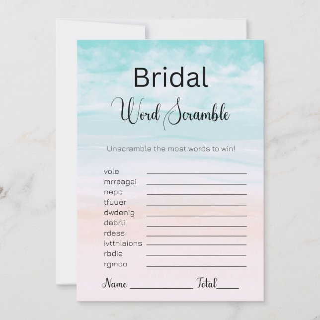 Beach and Ocean Bridal Blue Word Scramble Game Invitation (Front)