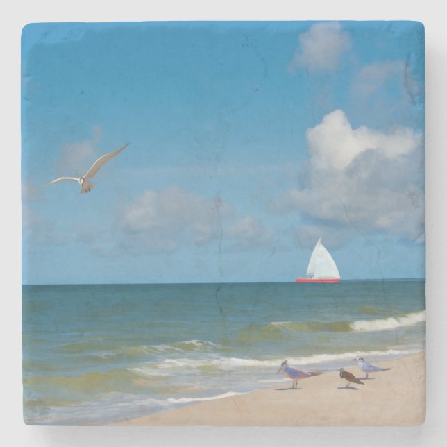 Beach and Ocean View with Sailboat Stone Coaster (Front)