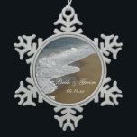 Beach and Ocean Wedding Snowflake Pewter Christmas Ornament<br><div class="desc">The natural Beach and Ocean Wedding Snowflake Ornament makes a great keepsake when it's personalized with the names of the bride and groom and marriage ceremony date. This custom beachy wedding ornament features a nature photograph of ocean waves crashing on the sandy shore of Old Orchard Beach in Maine. Perfect...</div>