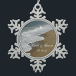 Beach and Ocean Wedding Snowflake Pewter Christmas Ornament<br><div class="desc">The natural Beach and Ocean Wedding Snowflake Ornament makes a great keepsake when it's personalized with the names of the bride and groom and marriage ceremony date. This custom beachy wedding ornament features a nature photograph of ocean waves crashing on the sandy shore of Old Orchard Beach in Maine. Perfect...</div>
