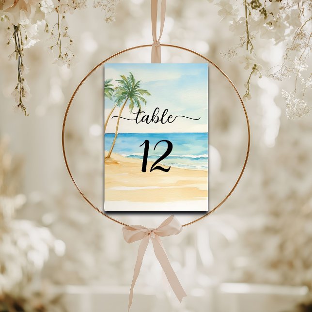 Beach and Palm Trees Elegant Wedding Table Number (Creator Uploaded)
