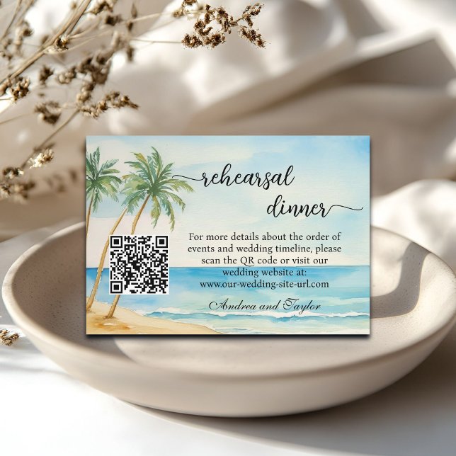 Beach and Palm Trees QR Code Rehearsal Dinner Enclosure Card (Creator Uploaded)