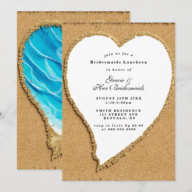 Beach and Sand Heart Bridesmaids Luncheon Invites (Front/Back)