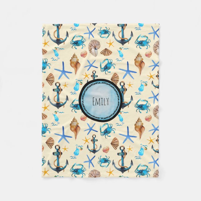 Beach And Sea Life Themed Pattern Personalized Fleece Blanket (Front)