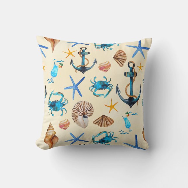Beach And Sea Life Themed Pattern Throw Pillow (Front)