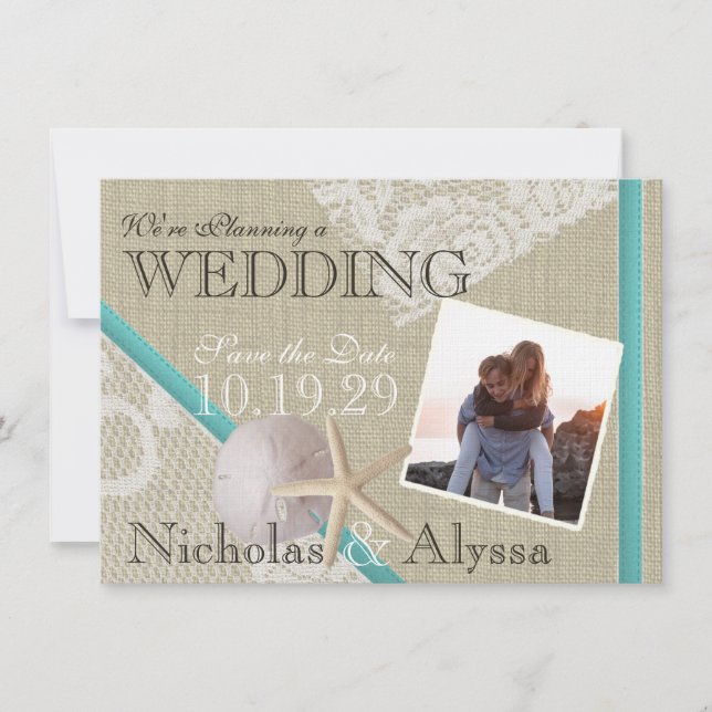 Beach and Vintage Lace Romantic Save the Date (Front)