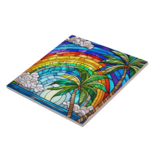 Beach and waves Stained glass art Tile