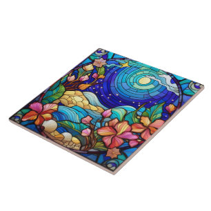 Beach and waves Stained glass art Tile