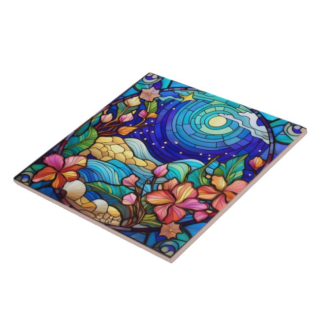 Beach and waves Stained glass art Tile (Side)