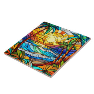 Beach and waves Stained glass art Tile