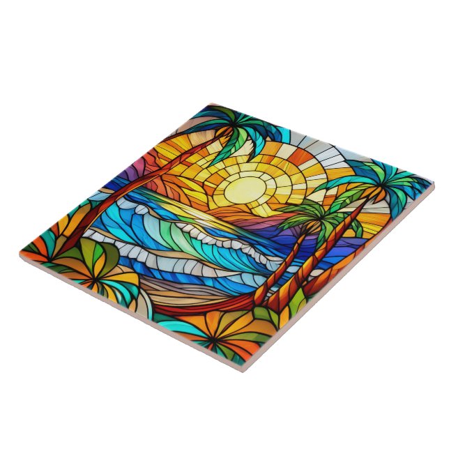 Beach and waves Stained glass art Tile (Side)
