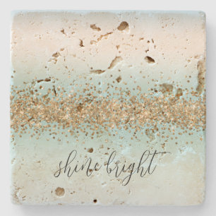 Beach Aqua Blue Ombre Gold Glitzy Sparkle Stone Coaster